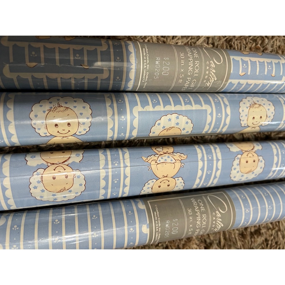 VTG Carlton Cards Blue Baby Boy Gift Wrapping Paper 4 Rolls 30in x 5ft RWO205 - Picture 3 of 5